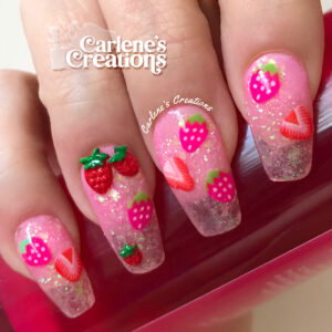 Carlene's Nail Art Journey - pink strawberry nail design - April 2019
